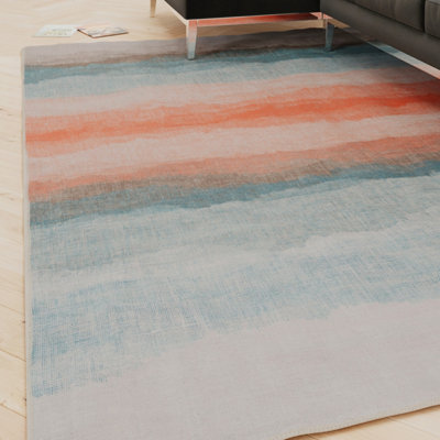 Loomed Striped Abstract Cotton Chenille Rug Blue Beige Terracotta Machine Washable 200Cm X 290Cm from B&Q