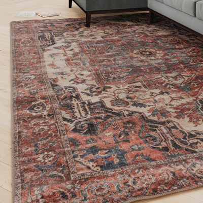 Loomed Oriental Design Cotton Chenille Rug Rust Navy Cream Machine Washable 80Cm X 150Cm