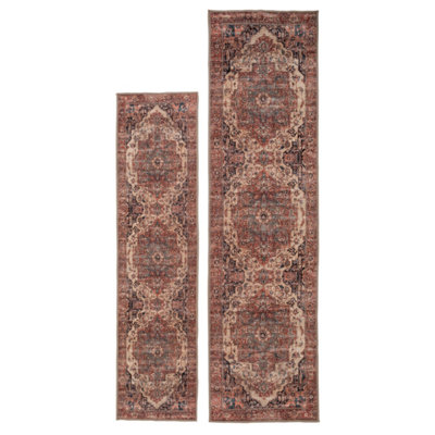 B&Q -  Oriental Design Cotton Chenille Rug Rust Navy Cream Machine Washable 60Cm X 240Cm