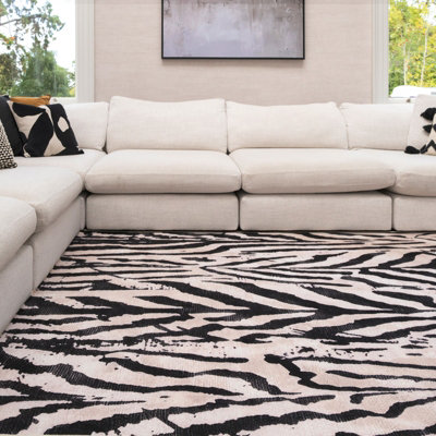 B&Q -  Zebra Print Cotton Chenille Rug Black White Machine Washable 200Cm X 290Cm