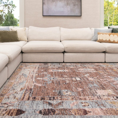 Loomed Tribal Design Cotton Chenille Rug Brown Blue Machine Washable 280Cm X 380Cm from B&Q