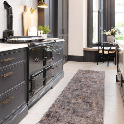 Loomed Abstract Design Cotton Chenille Rug Grey Gold Machine Washable 80Cm X 300Cm from B&Q