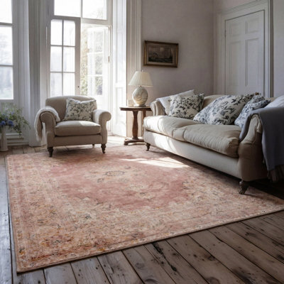 Loomed Pastel Pink Boho Distressed Machine Washable Soft Pile Area Rug 280Cm X 380Cm from B&Q