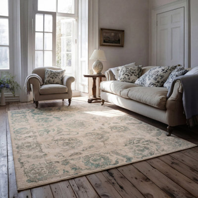 Loomed Green & Beige Floral Distressed Machine Washable Soft Area Rug  280Cm X 380Cm from B&Q