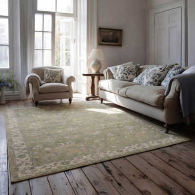 Loomed Green Traditional Floral Bordered Machine Washable Soft Area Rug  280Cm X 380Cm from B&Q