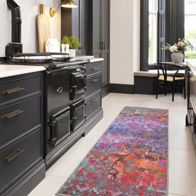 Loomed Pink & Teal Multi Colour Abstract Maximalist Machine Washable Rug 60Cm X 240Cm from B&Q