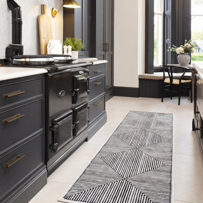 Loomed Black & White Geometric Abstract Machine Washable Soft Area Rug 60Cm X 240Cm from B&Q