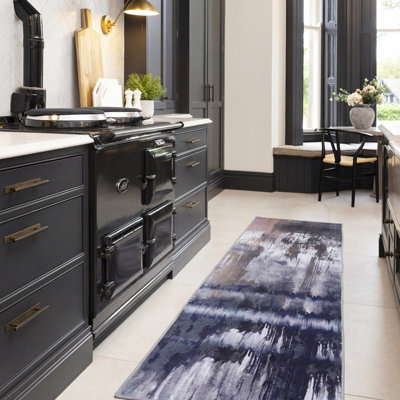 Loomed Storm Blue & Grey Modern Abstract Machine Washable Soft Area Rug 60Cm X 240Cm from B&Q