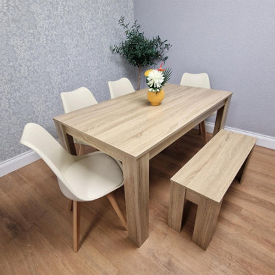B&Q -  Oak Effect Dining Table Set With 4 Cream Plastic Chairs And Bench Dining Room Furniture