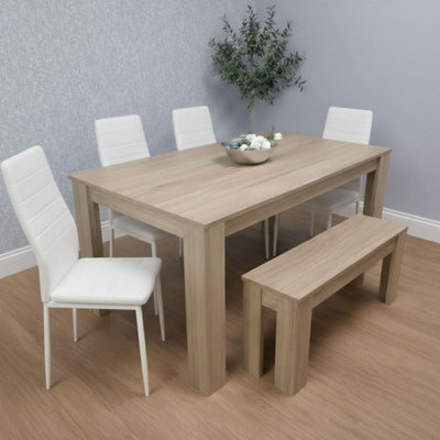 B&Q -  Oak Effect Dining Table Set With 4 White Chairs And Bench Dining Room Furniture