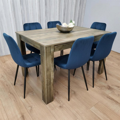 B&Q -  Rustic Wooden Dining Table Set With 6 Blue Chairs Modern Dining Furniture