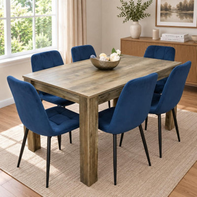B&Q -  Rustic Wooden Dining Table Set With 6 Blue Chairs Modern Dining Furniture