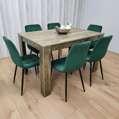 B&Q -  Modern Dining Table Set With 6 Green Velvet Dining Chairs Dining Room Furniture