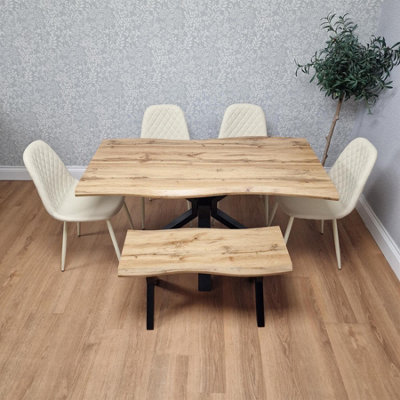 B&Q -  Modern Dining Table With 4 Cream Chairs And 1 Bench Dining Table Set For Kitchen And Dining Room