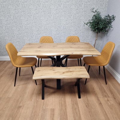 B&Q -  Modern Dining Table With 4 Mustard Gem Pattern Faux Leather Chairs And 1 Bench