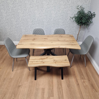B&Q -  Modern Dining Table With 4 Grey Gem Pattern Faux Leather Chairs And Bench