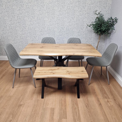 B&Q -  Modern Dining Table With 4 Grey Gem Faux Leather Chairs And 1 Bench