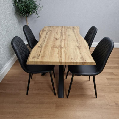 B&Q -  Modern Dining Table With 4 Black Gem Pattern Faux Leather Chairs