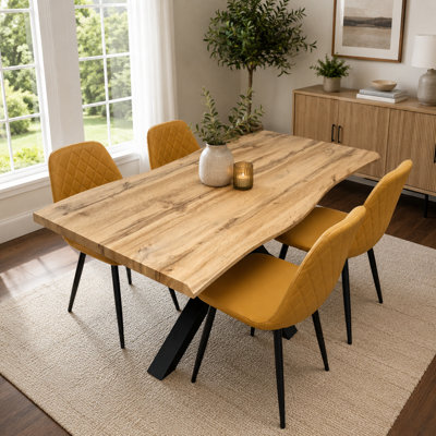 B&Q -  Modern Dining Table With 4 Mustard Gem Pattern Faux Leather Chairs Kitchen Furniture