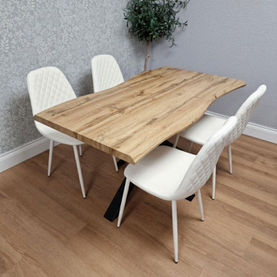 B&Q -  Modern Dining Table With 4 White Gem Pattern Faux Leather Chairs