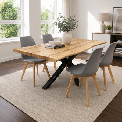B&Q -  Modern Dining Table With 4 Grey Plastic Chairs With Faux Leather Padded Seats