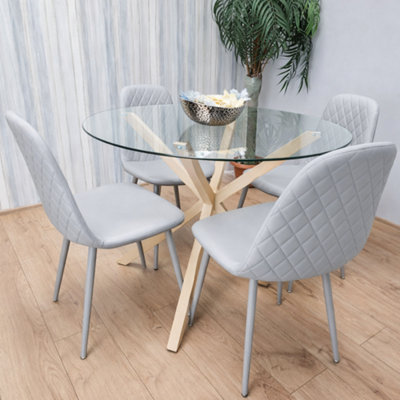 B&Q -  Round Glass Dining Table Set With 4 Grey Gem Pattern Chairs Dining Room Furniture