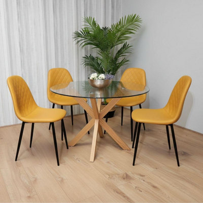 B&Q -  Round Glass Dining Table Set With 4 Mustard Gem Pattern Chairs Dining Room Furniture