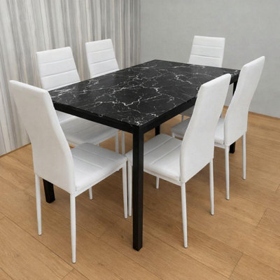 B&Q -  Black Marble Effect Dining Table With 6 White Faux Leather Chairs