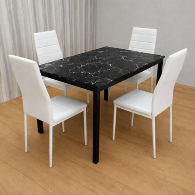 B&Q -  Black Marble Effect Dining Table With 4 White Faux Leather Chairs