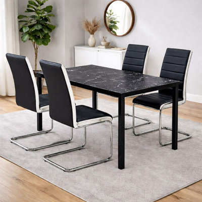 B&Q -  Black Marble Effect Dining Table With 4 Black Faux Leather Chairs Kitchen Furniture