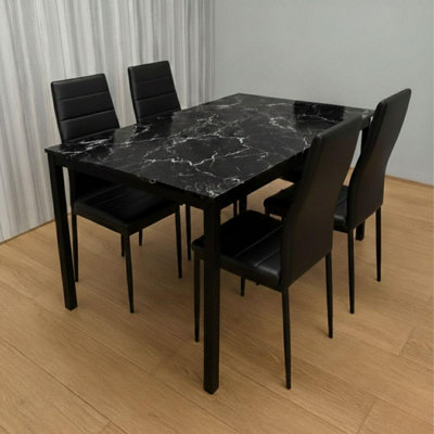 B&Q -  Black Marble Effect Dining Table With 4 Black Faux Leather Chairs Kitchen Furniture