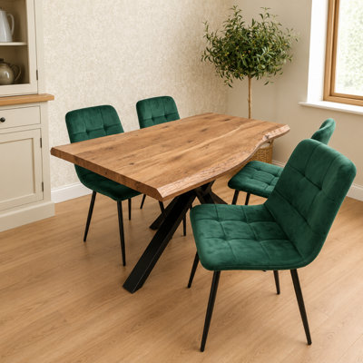B&Q -  4 Seater Rustic Brown Wooden Effect Dining Table With Green Tufted Velvet Chairs