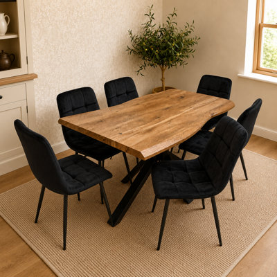 B&Q -  6 Seater Rustic Brown Wooden Effect Dining Table Set With Black Velvet Chairs