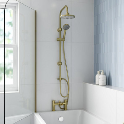 B&Q -  Brushed Brass Bath Shower Mixer Set Waterfall Tap Overhead & Handset Modern