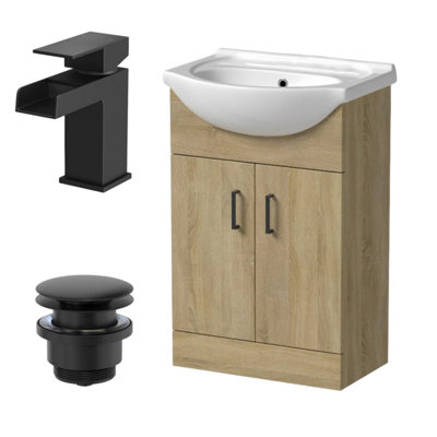 Affine 560mm Oak Bathroom Vanity Unit Basin Freestanding Black Waterfall Tap & Waste from B&Q
