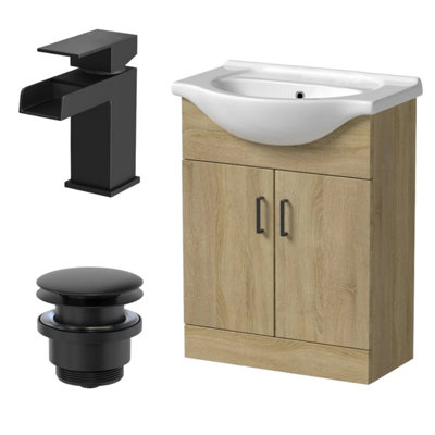 Affine 650mm Oak Bathroom Vanity Unit Basin Freestanding Black Waterfall Tap & Waste from B&Q