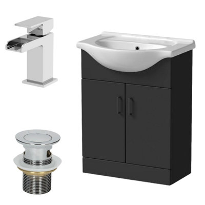 Affine 650mm Matt Black Bathroom Vanity Unit Freestanding Chrome Waterfall Tap & Waste from B&Q
