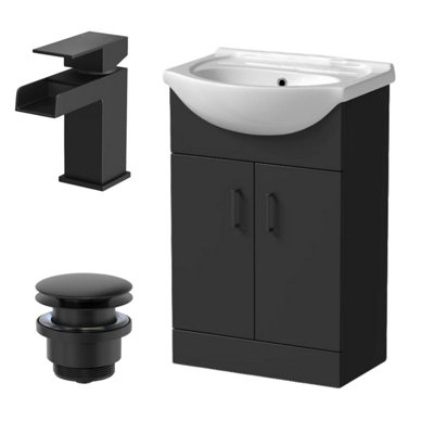 Affine 560mm Matt Black Bathroom Vanity Unit Freestanding Black Waterfall Tap & Waste from B&Q
