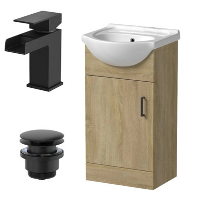 Affine 450mm Oak Bathroom Vanity Unit Basin Freestanding Black Waterfall Tap & Waste from B&Q
