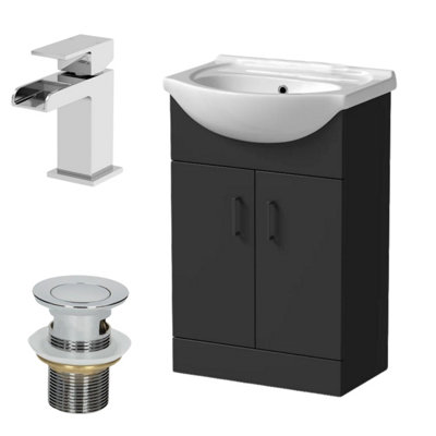 Affine 560mm Matt Black Bathroom Vanity Unit Freestanding Chrome Waterfall Tap & Waste from B&Q
