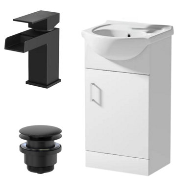 Affine 450mm White Gloss Bathroom Vanity Unit Freestanding Black Waterfall Tap & Waste from B&Q