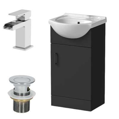 Affine 450mm Matt Black Bathroom Vanity Unit Freestanding Chrome Waterfall Tap & Waste from B&Q