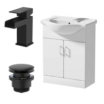 Affine 650mm White Gloss Bathroom Vanity Unit Freestanding Black Waterfall Tap & Waste from B&Q