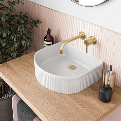 Affine Bathroom Fluted Countertop Basin Sink Modern White Gloss D-Shape410 X 370mm from B&Q