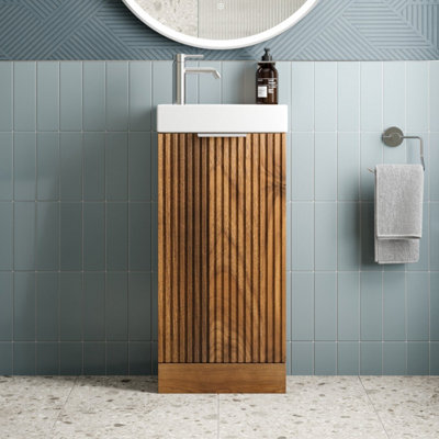 B&Q -  Fluted 400mm Bathroom Vanity Unit Basin Floorstanding Cupboard Soft Close Walnut