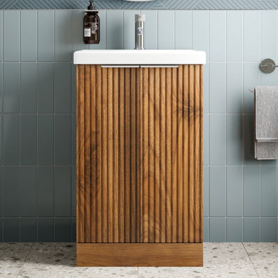 B&Q -  Fluted 500mm Bathroom Vanity Unit Basin Floorstanding Cupboard Soft Close Walnut