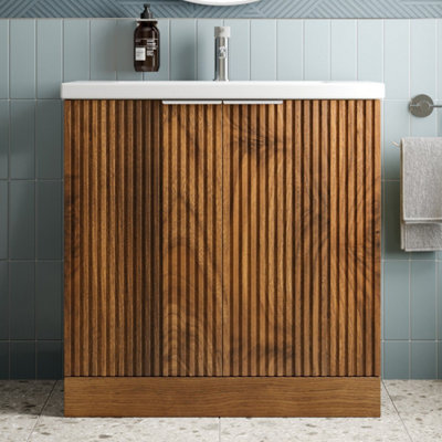B&Q -  Fluted 800mm Bathroom Vanity Unit Basin Floorstanding Cupboard Soft Close Walnut
