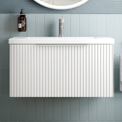 Affine Fluted 800mm Bathroom Vanity Unit Basin Wall Hung Cupboard Soft Close Matt White from B&Q