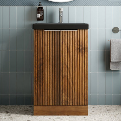 B&Q -  Fluted 500mm Bathroom Vanity Unit Basin Floorstanding Cupboard Soft Close Walnut