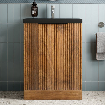 B&Q -  Fluted 600mm Bathroom Vanity Unit Basin Floorstanding Cupboard Soft Close Walnut